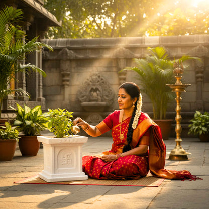 Roto Mould Tulsi Pot with 10+ Years Durability | Tulsi Container for home temples, pooja rooms, and gardens | 4 Sacred Carvings | White & Grey Colors