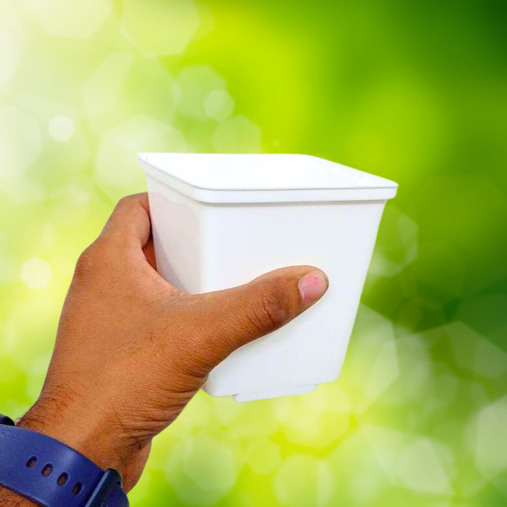 square nursery pot with hand